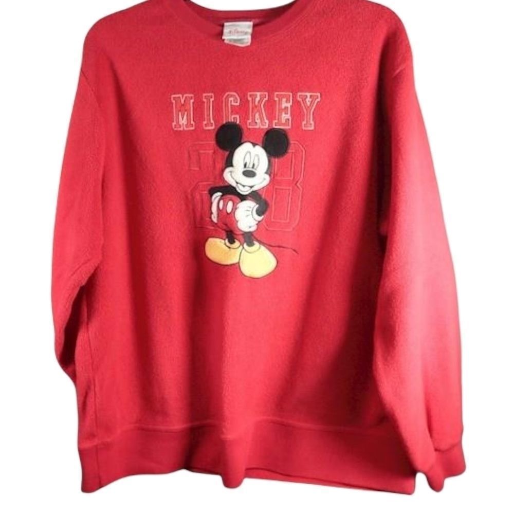 DISNEY Vintage 90s 00s  Red Fleece Crewneck Mickey "28"‎ Pullover Sweater M